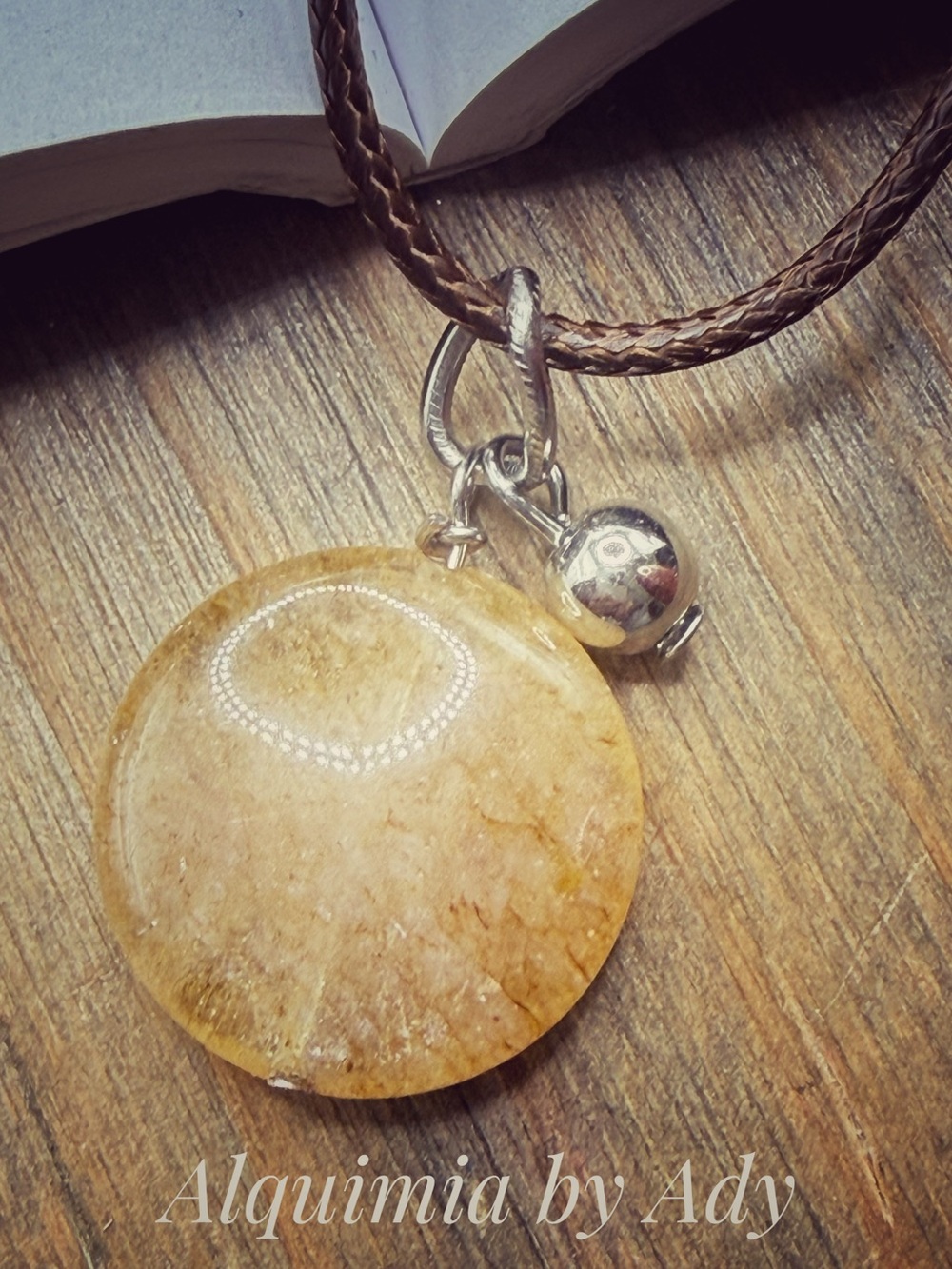 GOLDEN HEALER + Amber-Tone Round stone Pendant Necklace on Brown Cord - Picture 4 of 5